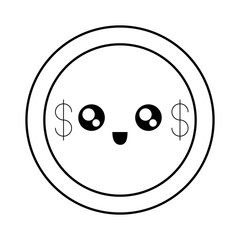 flat line uncolored  kawaii coin  vector illustration