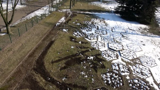 Park from a bird's eye view, early spring, late winter, aerial drone view