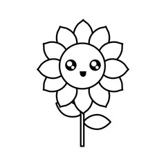 flat line  uncolored kawaii sunflower with stem and leaves   over white background  vector illustration