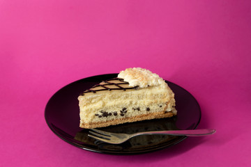Slice of layer cake with cream and chocolate chips on black plate with fork - on hot pink background - copy space