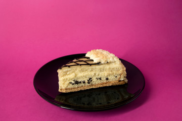 Slice of layer cake with cream and chocolate chips on black plate - hot pink background - copy space