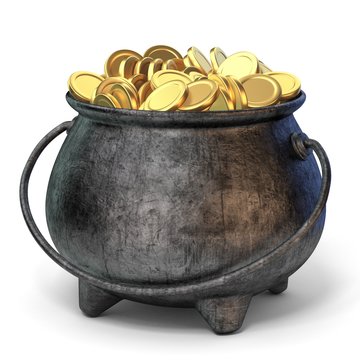 Iron pot full of golden coins 3D