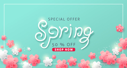 Spring sale background layout with beautiful colorful flower for banners,Wallpaper,flyers, invitation, posters, brochure, voucher discount.Vector illustration template.