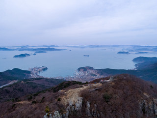 Aerial view of mountains, islands and sea