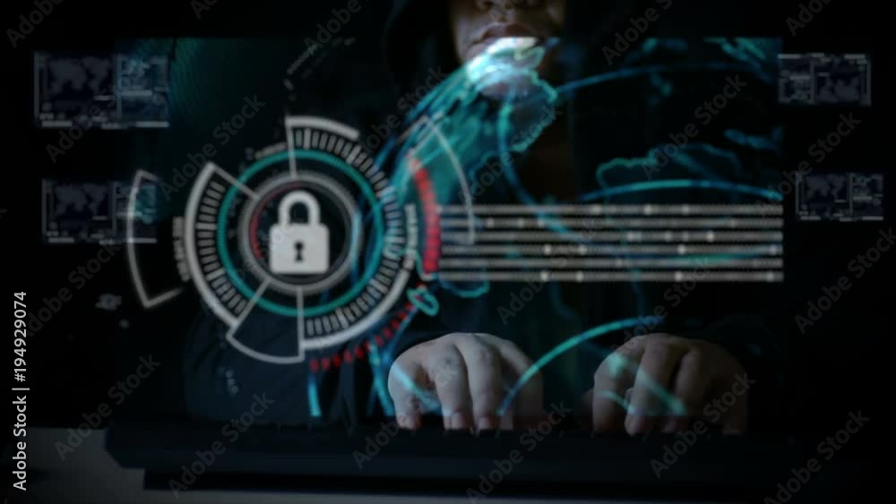 Poster hacker using keyboard with user interface hud code for cyber criminal cyber attack and futuristic co