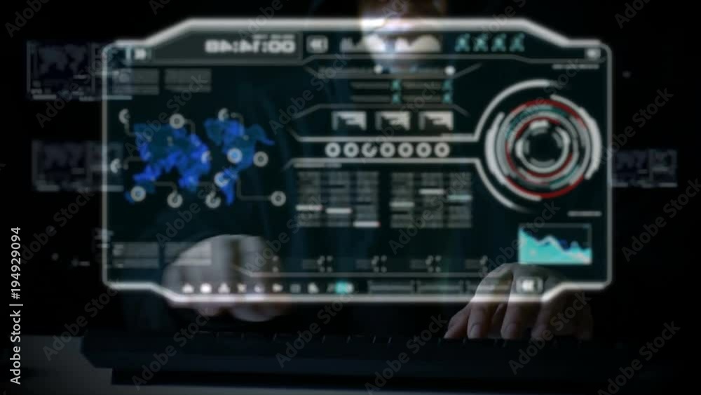 Poster hacker using keyboard with user interface hud code for cyber criminal cyber attack and futuristic co