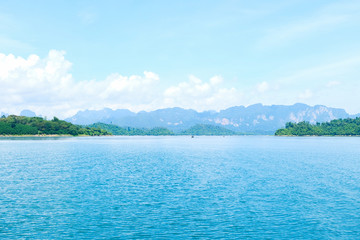 Panoramic views of limestone mountains with crystal green water, southern Thailand.