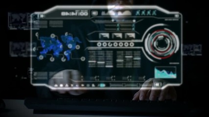 Hacker using keyboard with user interface HUD code for cyber criminal cyber attack and futuristic concept with dark and grain processed