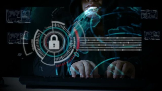 Hacker using keyboard with user interface HUD code for cyber criminal cyber attack and futuristic concept with dark and grain processed