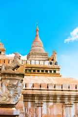 View of the facade of the buddhist temple building in Bagan, Myanmar. Copy space for text. Vertical.