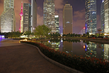 On September 25, 2015, China, Shanghai ，Shanghai lujiazui financial district and commercial buildings in the evening, lujiazui is one of the most influential financial center in China.