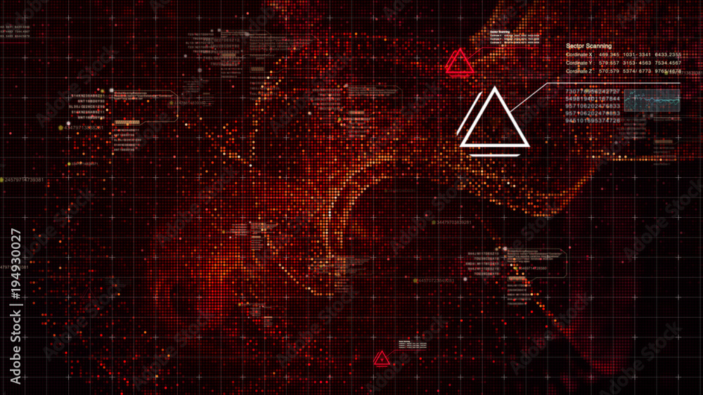 Poster Military head up display targeting and tracking enemy in digital cyber space particles background