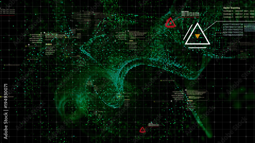 Fototapete Military head up display targeting and tracking enemy in digital cyber space particles background