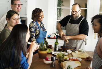 Diverse people joining cooking class - obrazy, fototapety, plakaty