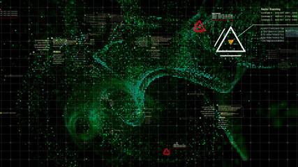 Military head up display targeting and tracking enemy in digital cyber space particles background
