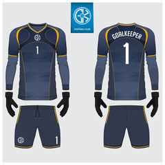 Fototapeta premium Goalkeeper jersey or soccer kit, long sleeve jersey, goalkeeper glove template design. Sport t-shirt mock up. Front and back view football uniform. Flat football logo label. Vector Illustration.