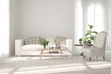 Idea of white minimalist room with sofa. Scandinavian interior design. 3D illustration