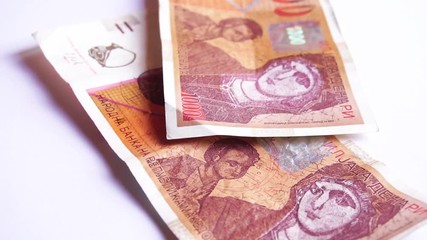 Close up view of Macedonian money in slow motion