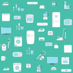 Home appliance set seamless background. TV, refrigerator, conditioner, dishwasher, oven, kettle, iron, multicooker, blender mixer vacuum cleaner washing machine microwave toster Vector illustratoin