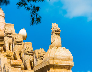 Fototapeta premium View of the facade of the buddhist temple building in Bagan, Myanmar. Copy space for text.