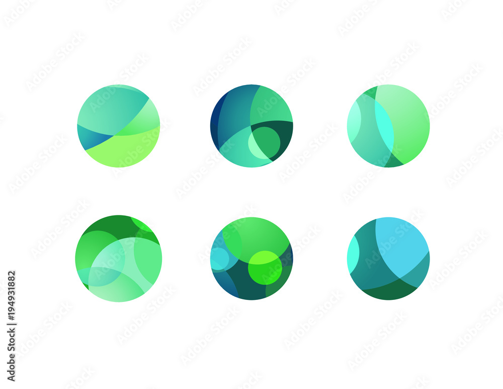 Wall mural Abstract circular sphere icons with overlapping circles and round shapes. Green and blue highlights and shadows of cropped orbs.