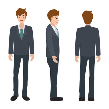 Vector illustration of business man in official suit clothes. young man in front view,side view,back view.