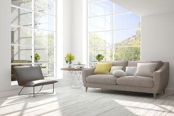 Idea of white room with sofa and summer landscape in window. Scandinavian interior design. 3D illustration