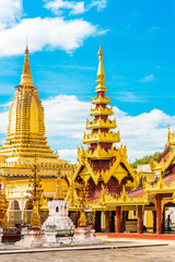 View of the building of the Shwezigon pagoda in Bagan, Myanmar. Copy space for text. Vertical.