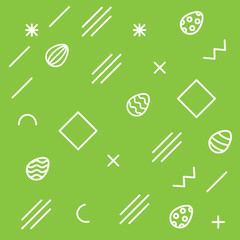 Geometric cheerful pattern with Easter eggs. Memphis 80's and 90's graphic trendy style. Background with different geometric shapes