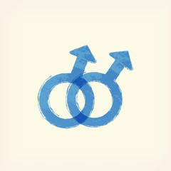 Blue sex man, male, gay crossing sign icon, symbol , pale yellow background. Painted design element. Watercolor illustration for web or typography magazine, brochure, flyer, poster.