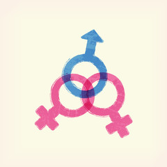Blue and pink sex one man and two women, male, female crossing signs icon, symbol , pale yellow background. Painted design element. Watercolor illustration for typography magazine, flyer, poster.