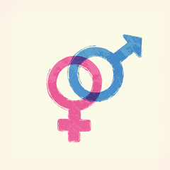Blue and pink sex man and woman, male, female crossing signs icon, symbol , pale yellow background. Painted design element. Watercolor illustration for web or typography magazine, flyer, poster