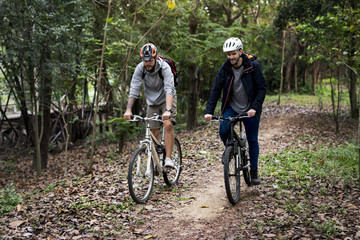 Fototapeta premium Group of friends ride mountain bike in the forest together
