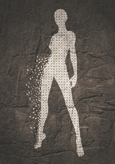 Abstract illustration of a standing beautiful woman created of lines connected with dots. Futuristic polygonal wireframe design. Particles emission
