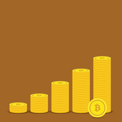 Golden Bitcoins and New Virtual money concept, 3d rendering isolated on white background. Stacks of many gold coins with icon