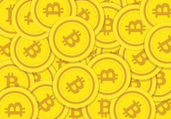 Golden Bitcoins and New Virtual money concept, 3d rendering isolated on white background. Stacks of many gold coins with icon