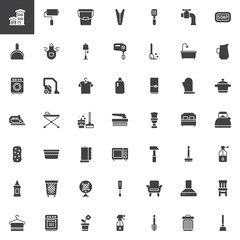 Household elements vector icons set, modern solid symbol collection, filled style pictogram pack. Signs, logo illustration. Set includes icons as house, home, washing machine, vacuum cleaner, fridge