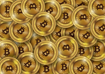 Golden Bitcoins and New Virtual money concept, 3d rendering isolated on white background. Stacks of many gold coins with icon