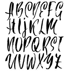 Handdrawn dry brush font. Modern brush lettering. Grunge style alphabet. Vector illustration.