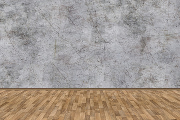 Room perspective,grunge grey concrete wall and wooden plank grou.