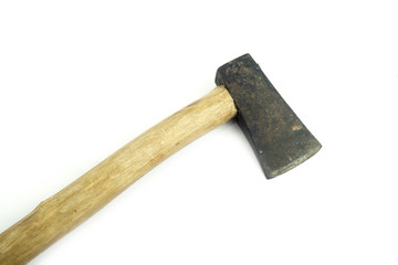 Old ax with wooden handle isolated on white background