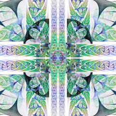 Abstract exotic blue and green symmetrical floral ornament. Psychedelic mandala design. Fantasy fractal art. 3D rendering.
