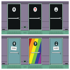 Doors toilets for men, women and sexual minorities.