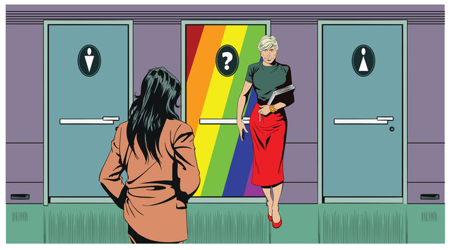 Doors toilets for men, women and sexual minorities. Transgenders.