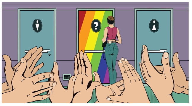 Doors toilets for men, women and sexual minorities. Hands applaud choice of LGBT.
