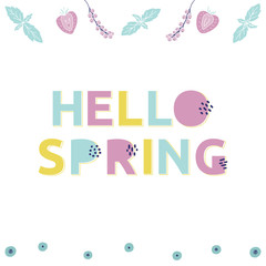 Springtime illustration with clipart elements, alphabet. Vector color postcard. 
