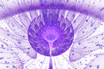 Abstract exotic violet flower with sparkling drops. Fantasy fractal composition. Psychedelic digital art. 3D rendering.