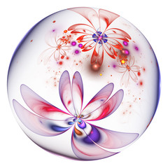 Fantastic world. Abstract glass sphere with delicate red, violet and orange flowers. Fantasy fractal design. Psychedelic digital art. 3D rendering.