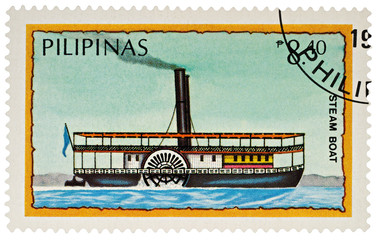 Old passenger steamboat on postage stamp
