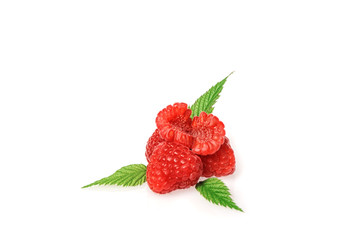 Fresh raspberry with green raspberry leaves isolated on white background